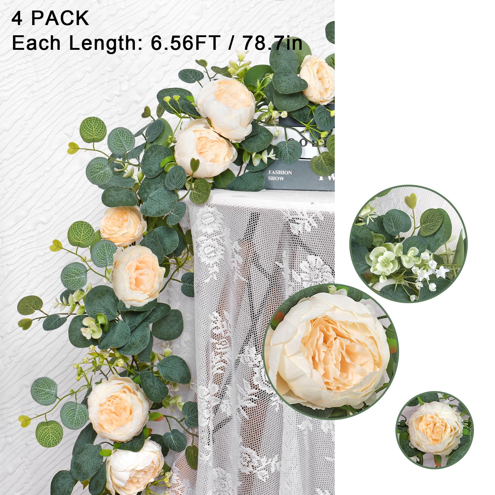 Künstliche Eukalyptus-Blumengirlande mit künstlichen Rosen, Samen, Eukalyptusblättern, grüne Girlande für Hochzeit, Tischhintergrund, Party, Tafelaufsatz, Raumdekoration, Champagner, 4 Stück