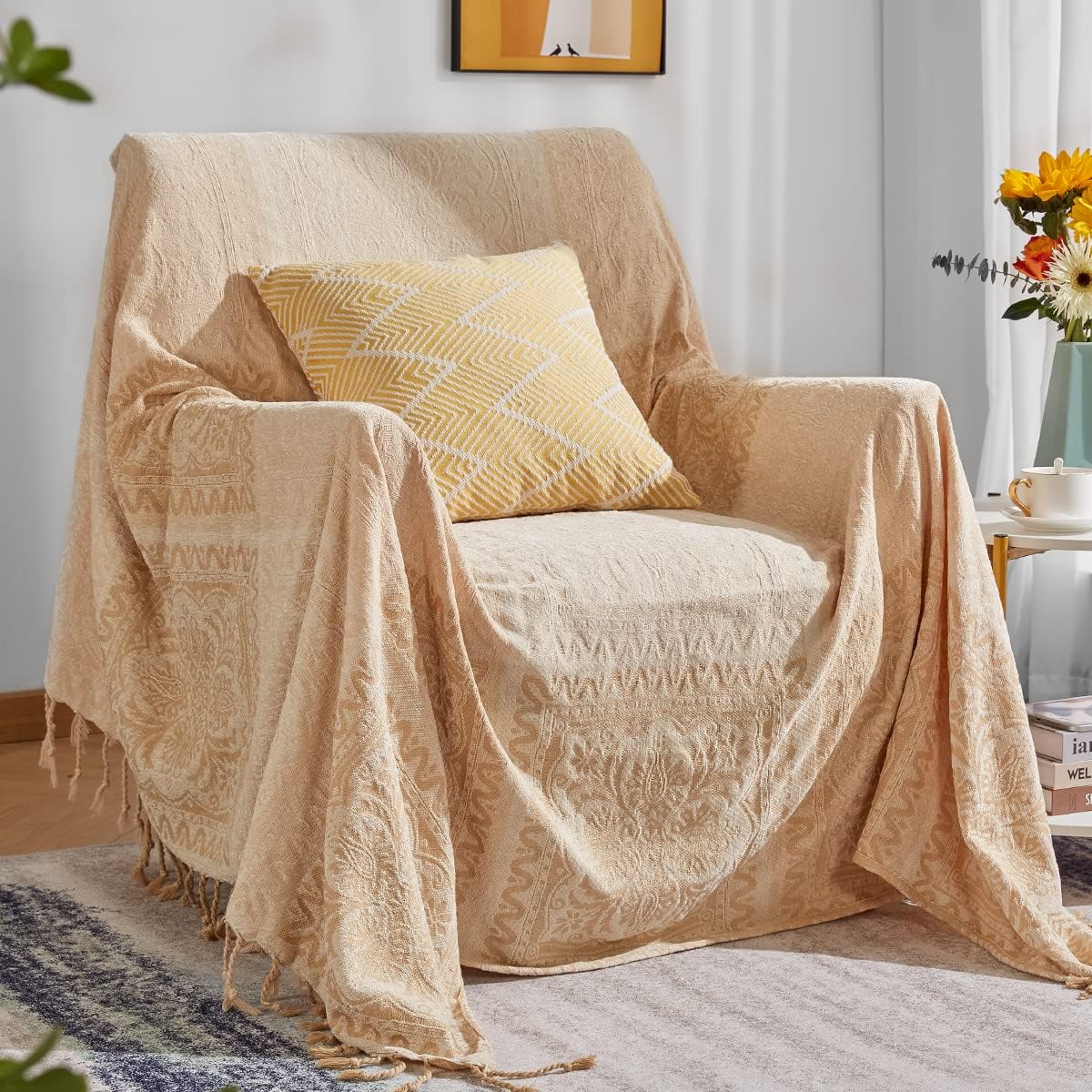 amorus Bohemian Throw Blankets, Chenille Jacquard Tassels Boho Sofa Cover for Couch