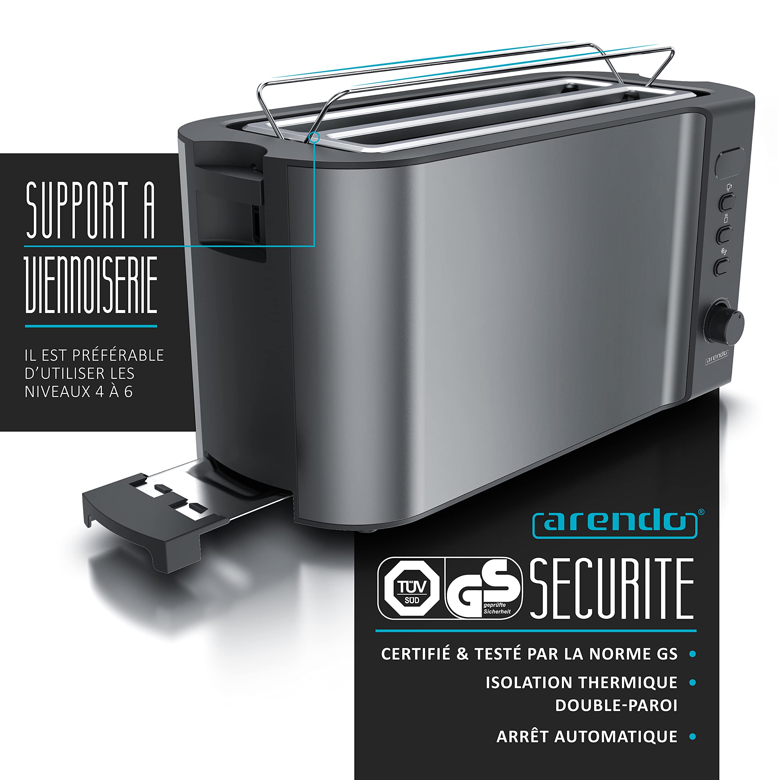 arendo - Grille Pain 2 Larges Fentes 4 tranches écran Digital - Grille-Pain Automatique 3en1-1500W - 6 Niveaux réglable décongélation réchauffe viennoiseries Plateau à miettes -Toaster Cool Grey