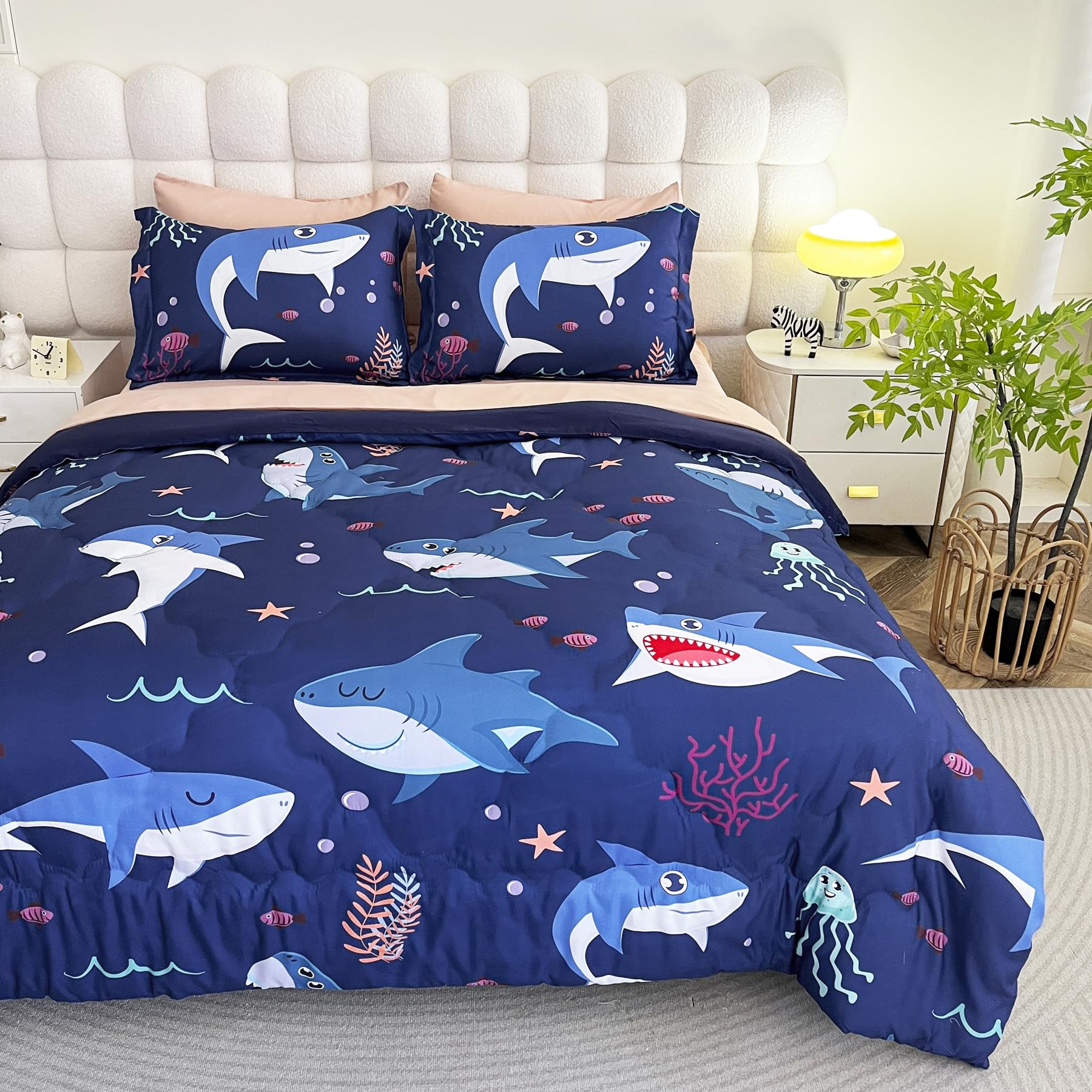 Boys Sharks Comforter Set Full Size 7 Piece Cute Ocean Animal Jellyfish 3D Printed Bedding Set Bed in A Bag for Kids Girls Teens Lightweight Soft Bed Set All Seasons Navy Blue