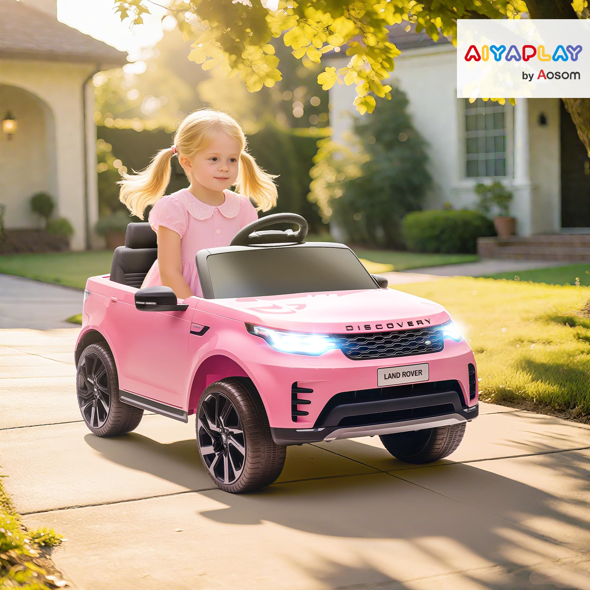 AIYAPLAY Voiture Électrique Enfant Land Rover Discovery 12 V Rose | Télécommande 2,4 G, 2 Moteurs, Véhicule avec Démarrage Progressif, Port USB, Musique, Phares LED, Klaxon