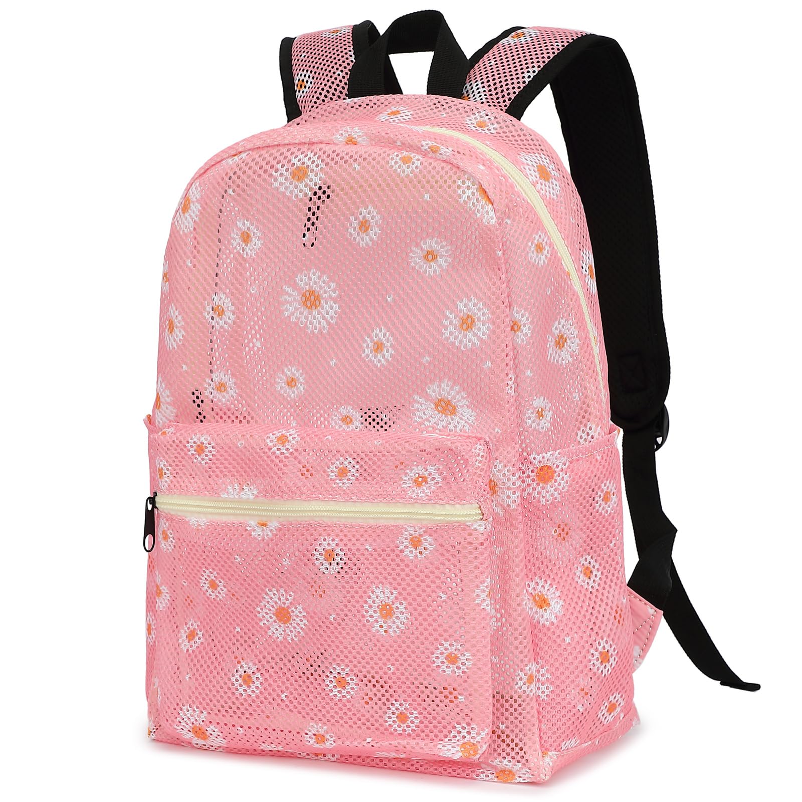 Kouxunt Daisy Mesh Backpack for Girls Women, See Through Casual School College Student Bookbag (Pink)