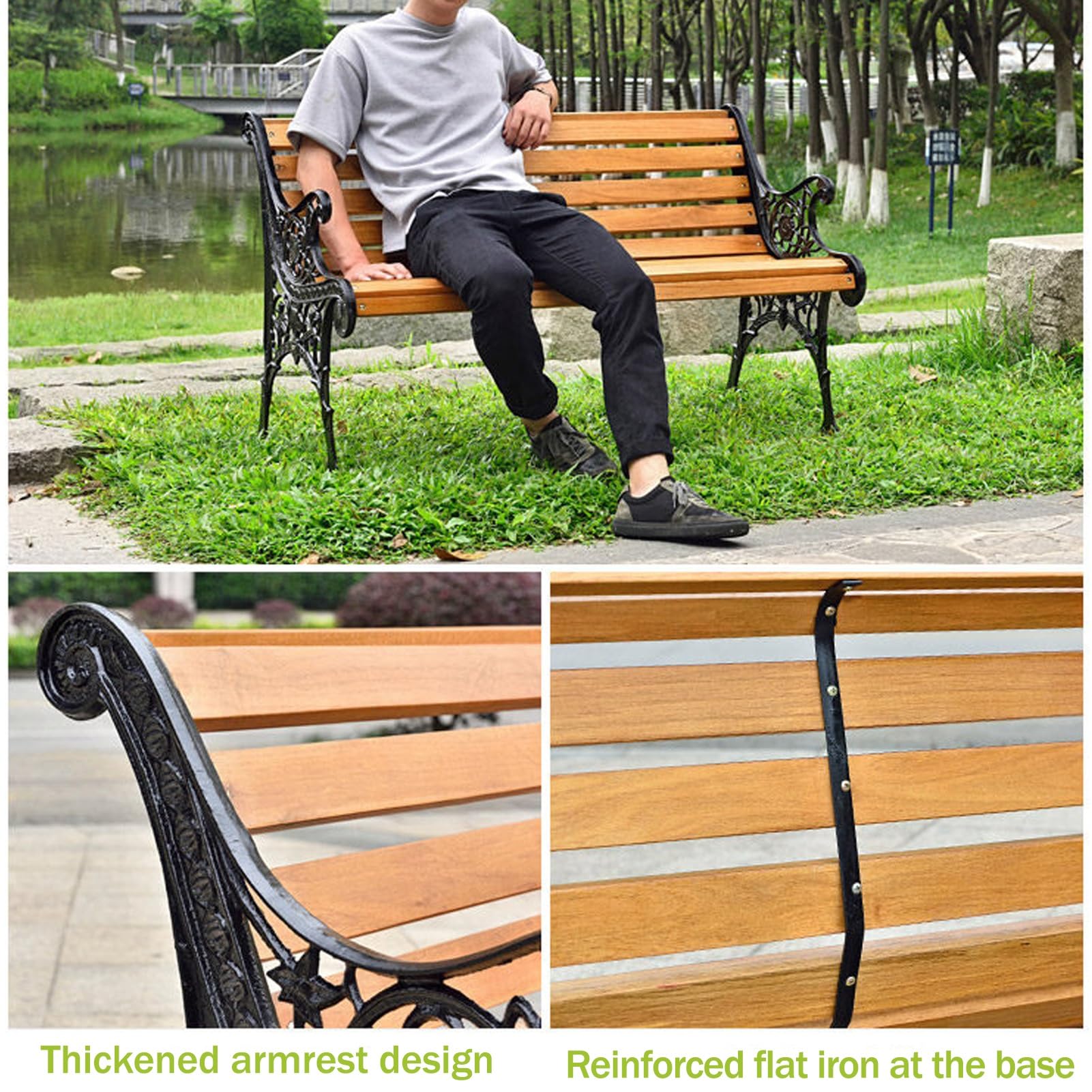 Exterior Banco de Jardín de Madera Y Hierro Fundido | Parque Banco for 2-3 Personas, Asiento de Láminas con Respaldo y Reposabrazos, Banco de Porche(Natural B,47.2x22.8x28.3'')
