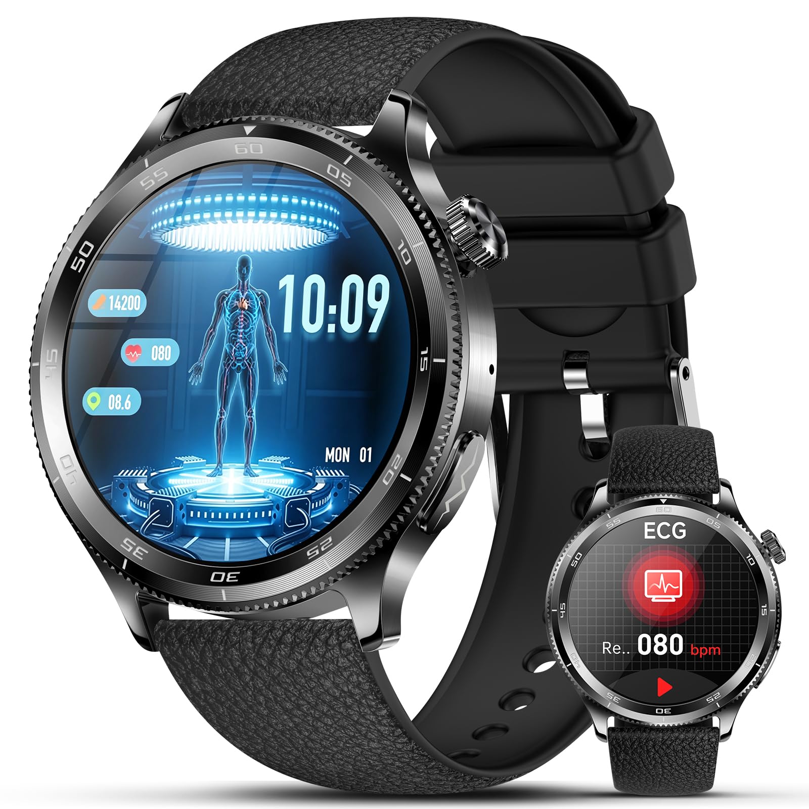 Montre Connectée Homme ECG/Pressιon artérιelle, Silicone Noir (Cadre Noir)