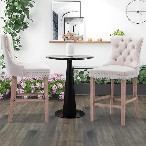 Miniatura 6 de SoarFlash Juego de 2 taburetes de bar tapizados de terciopelo moderno con patas de madera, botones acolchados, cabeza de clavo cromada, asiento de