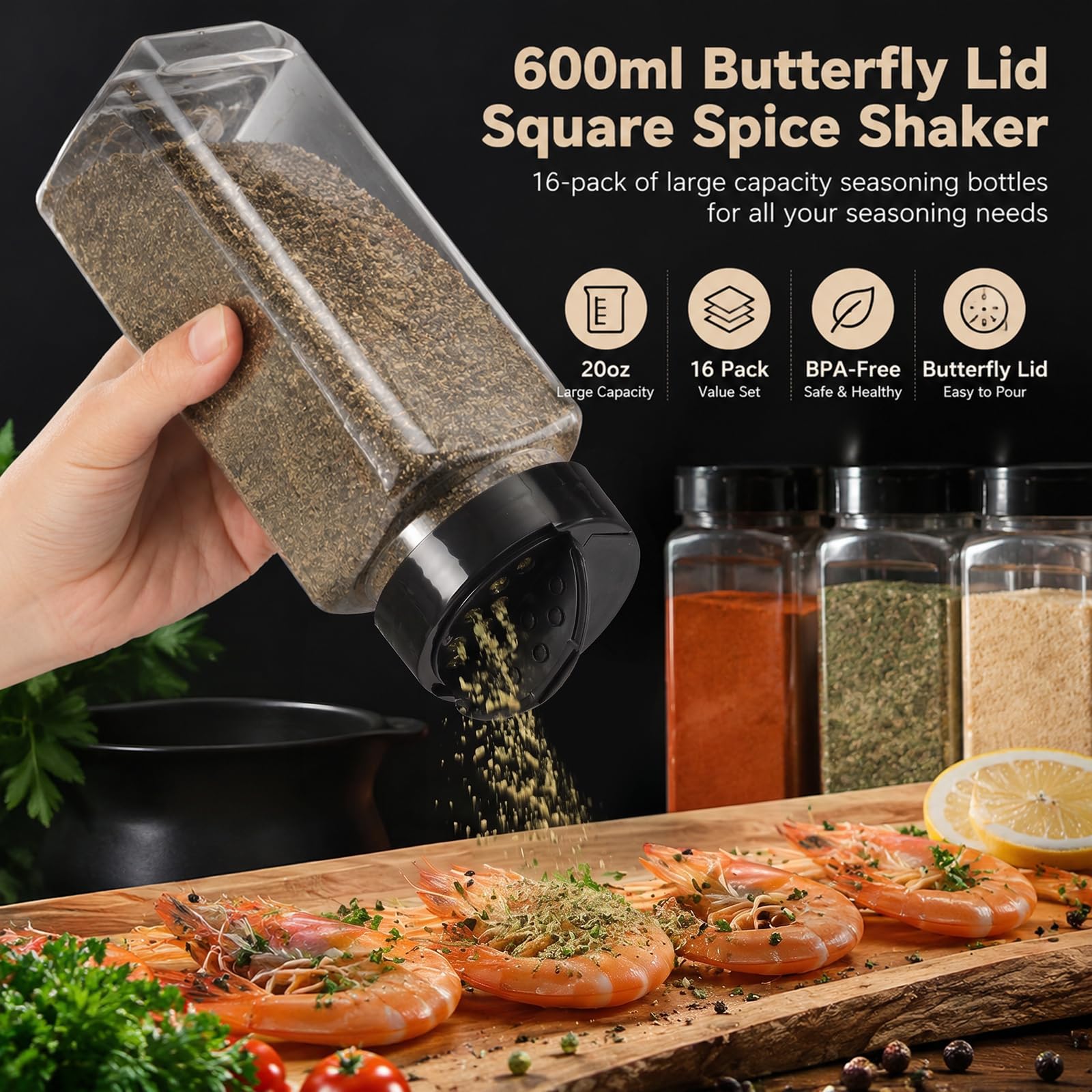 Hacaroa 16 Stück 600 ml Kunststoff Gewürzdosen mit Shaker/Pourer Deckel, quadratische leere Gewürzbehälter klare Gewürzflaschen für trockene Lebensmittel, Gewürze, Kräuter, Pulver
