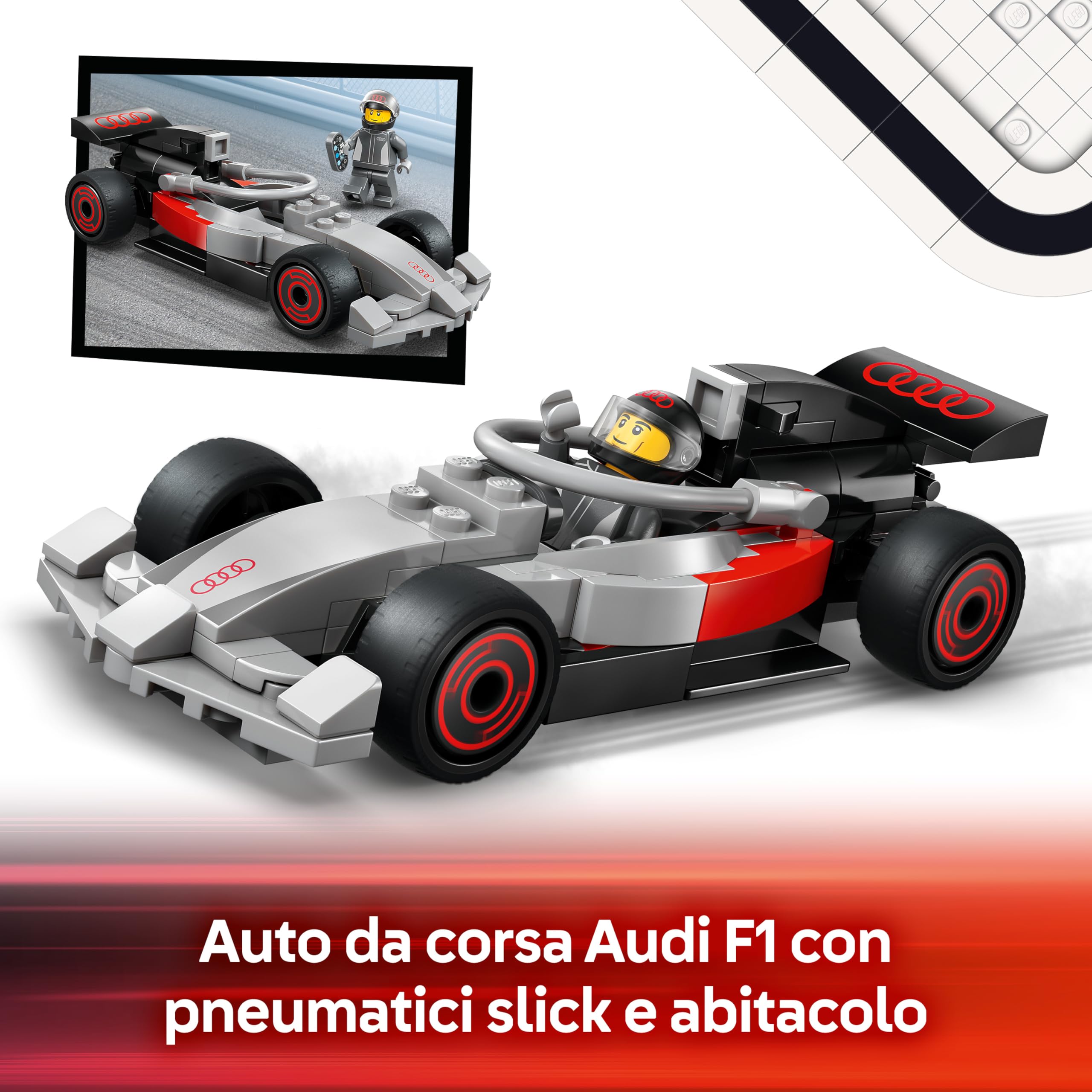 LEGO City Display Truck F1 con Auto da Corsa Audi F1 Giocattolo - Kit con 3 Minifigure e Funzione di Sollevamento Veicoli - Idea Regalo per Bambini da 7 Anni in su Fan degli Sport Motoristici - 60493