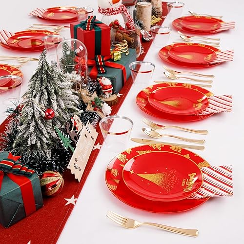 Miniatura 6 de Hioasis 175 platos de plástico blanco y platos desechables dorados y servilletas preenrolladas, cubiertos dorados incluyen 25 platos de cena, 25