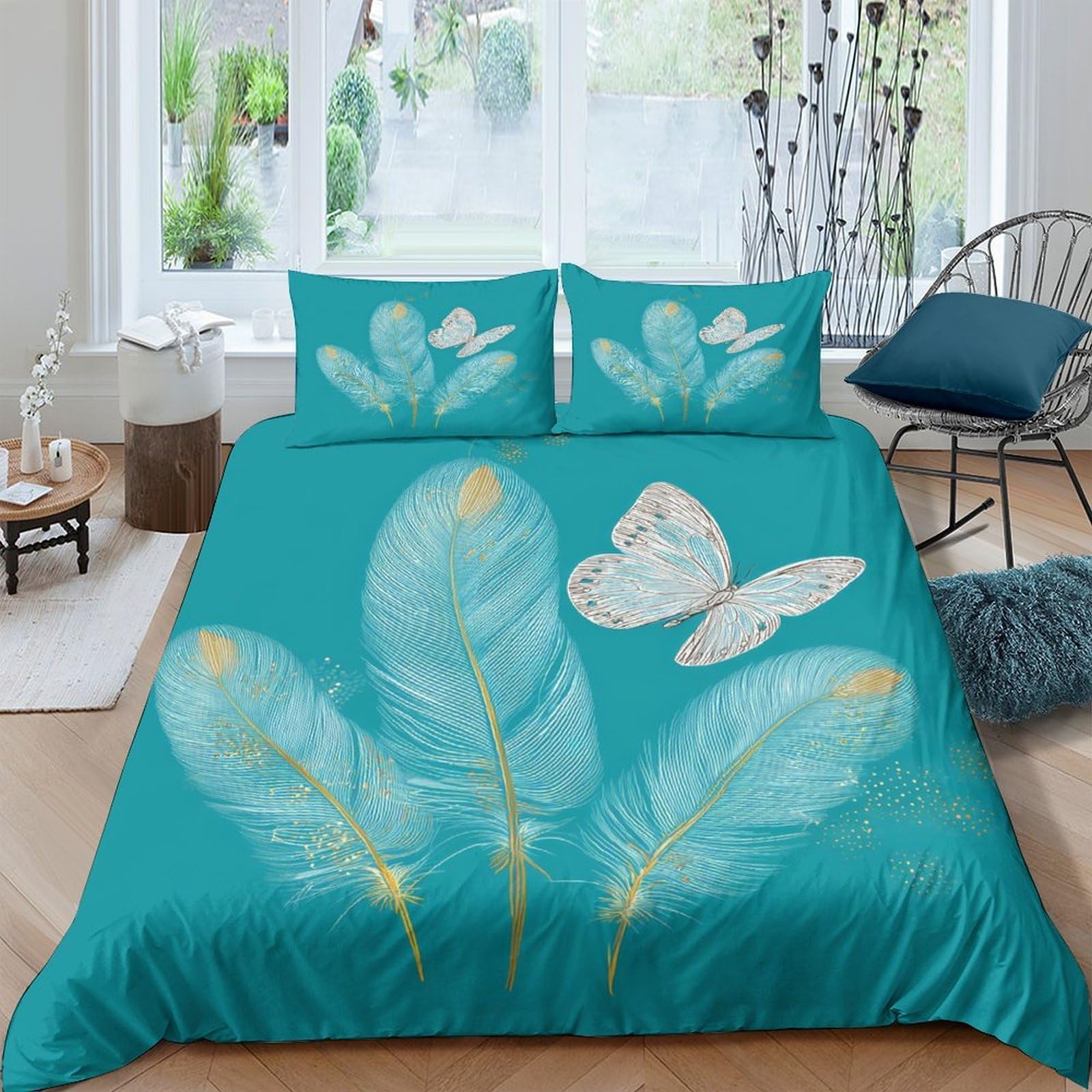 Ctjqhvkz Style-7 3D Printed Feather Butterfly Fitted Sheet Microfiber Soft Turquoise Bed Sheet For Bedroom Guest Room Decor Easy Care Single（135X200cm）