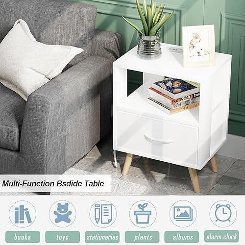 Miniatura 5 de Mesita de noche con estación de carga, mesita de noche blanca con cajón, mesita de noche de madera de 3 niveles con puertos USB y tomas, mesa