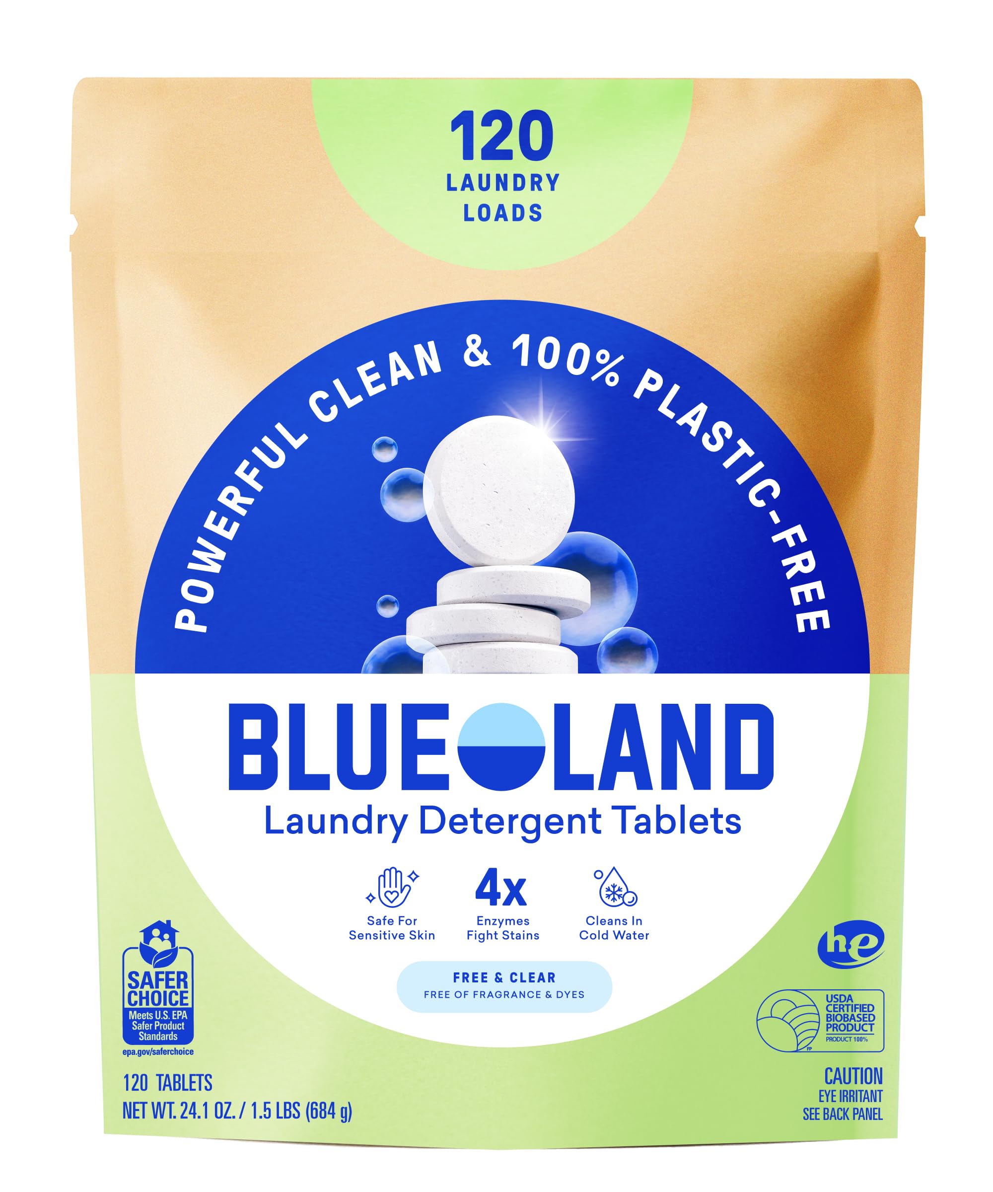 - BLUELAND Laundry Detergent Tablets, 120 Count, Plastic-Free Eco-Friendly Pods, Sheets, Liquid Alternative - Fragrance Free and Clear, Natural, Gentle