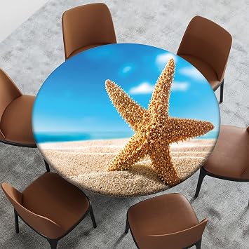 Beach Pattern Round Table Cover,Elastic Edge,Suitable for Catering and Kitchen Can Wipe Dining Round Table coverr,Azure Blue,for 17" to 21" Round Tables