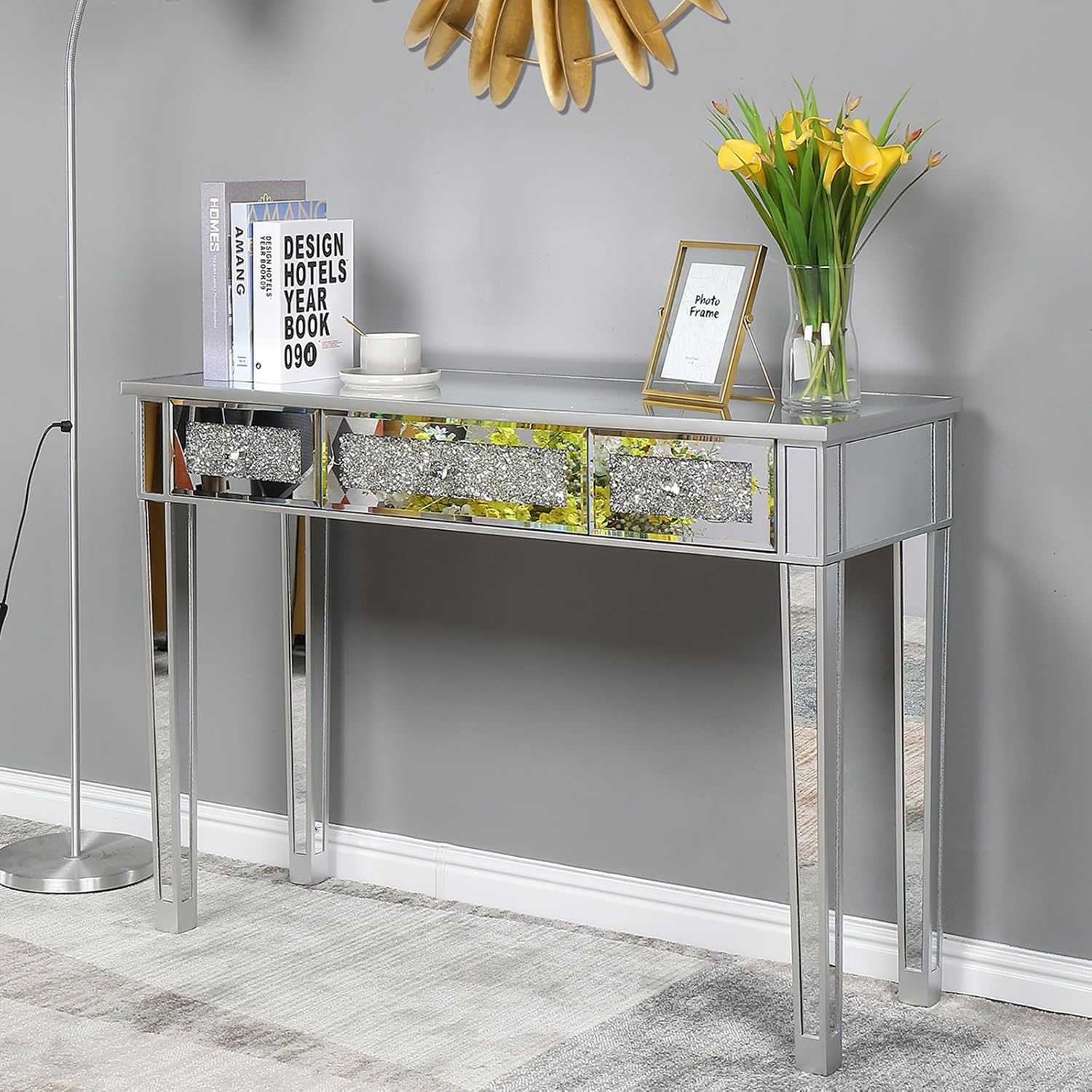 Henf Mirrored Console Table Makeup Vanity Table Dressing Desk, Silver 3 Drawer Entryway Tables w/Crystal Diamond Decorate for Women Girls Entryway Home Office Writing Desk
