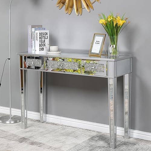 Henf Mesa de maquillaje con espejo, mesa de tocador de tocador, mesa de consola de 3 cajones plateada con diamante de cristal para mujeres y niñas,