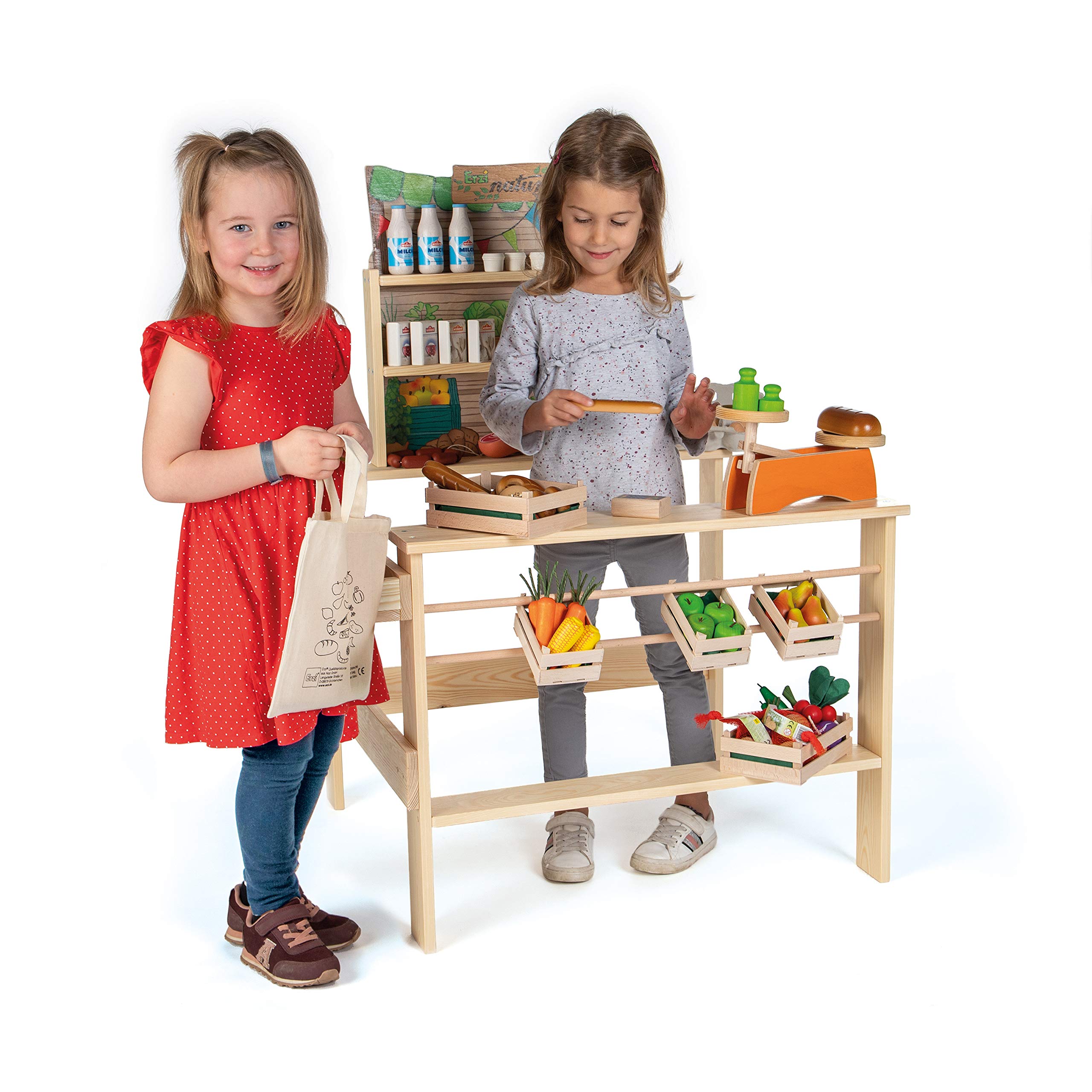 Erzi 10061 Kaufladen Bio-Markt aus Holz, Kaufladenspielzeug für Kinder | Kaufmannsladen, Rollenspiele, Kreative Spielwelten gestalten