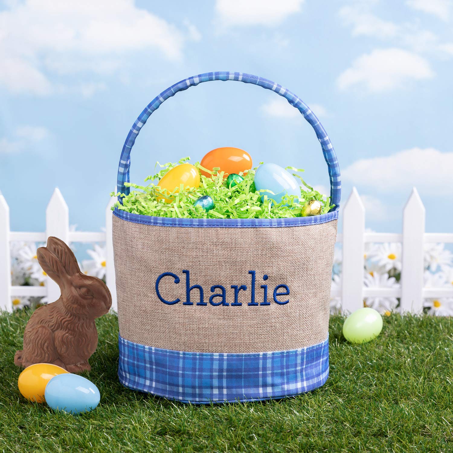 Personalized Easter Bucket Bag with Custom Name | Plaid Burlap Easter Bag with Handle | Egg Basket for Kids | Customized Easter Basket | Great for Book and Toy Storage (Blue Name)