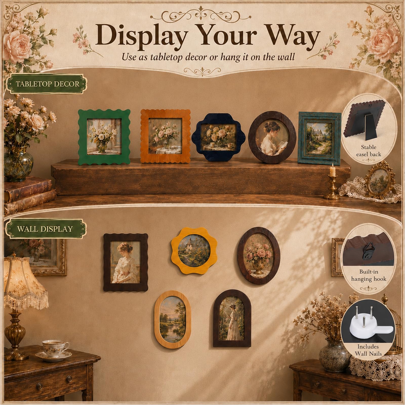 Zestaw 10 drewnianych ramek na zdjęcia w stylu vintage, retro ramki na zdjęcia, kolaż w stylu wiejskim, ornamenty i specjalne kształty (okrągłe, owalne, łuk itd.), na ścianę i stół, prezent dla