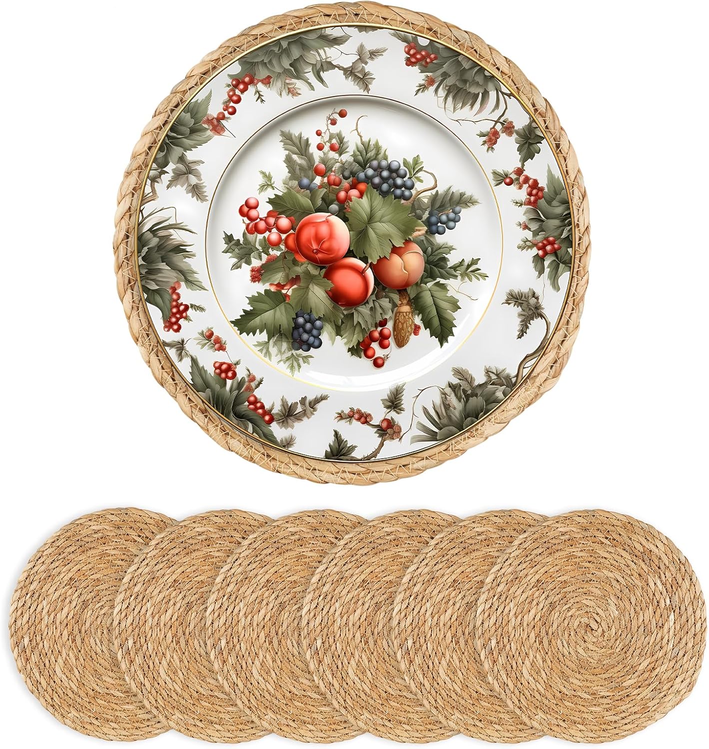 Round Woven Placemats - Boho Rattan Placemats Natural Water Hyacinth Farmhouse Weave Place Mats, Rustic Braided Wicker Table Mats for Dining Table,Home,Wedding (12 inch Set of 6)