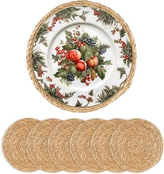 Round Woven Placemats - Boho Rattan Placemats Natural Water Hyacinth Farmhouse Weave Place Mats, Rustic Braided Wicker Table Mats for Dining Table,Home,Wedding 12 inch Set of 6