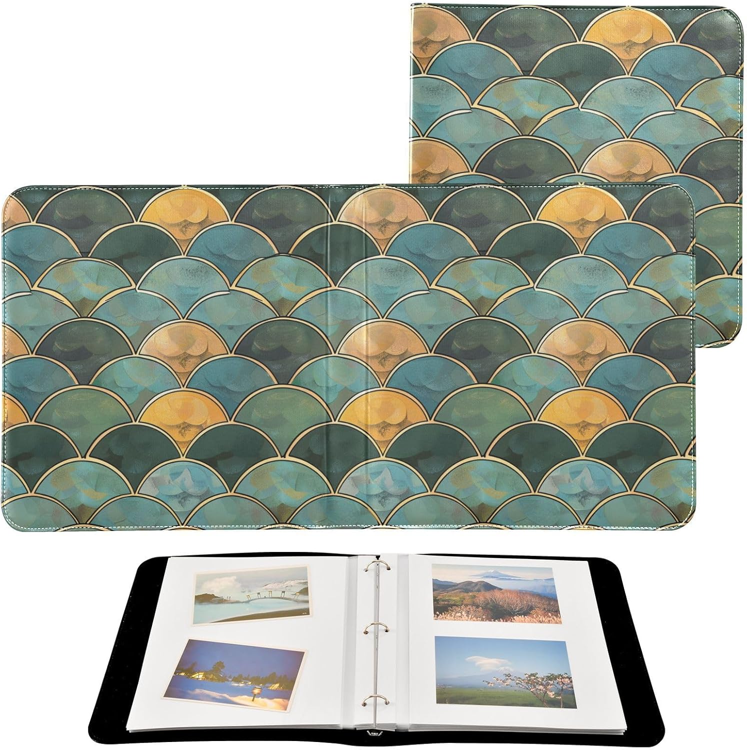 JIPONI Green Scales Pattern Large Photo Album, DIY Leather Cover Scrapbook Albums for 4x6 5x7 6x8 Pictures, Self Adhesive Memory Book for Wedding, Baby, Family