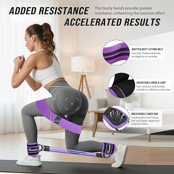 WOQQW Resistance Bands Set - Ankle Resistance Bands with Cuffs for Legs & Glute Workout, Fabric Booty Bands for Women, Home Gym Exercise Equipment for Hip, Pilates, Fitness, Yoga, Physical Therapy