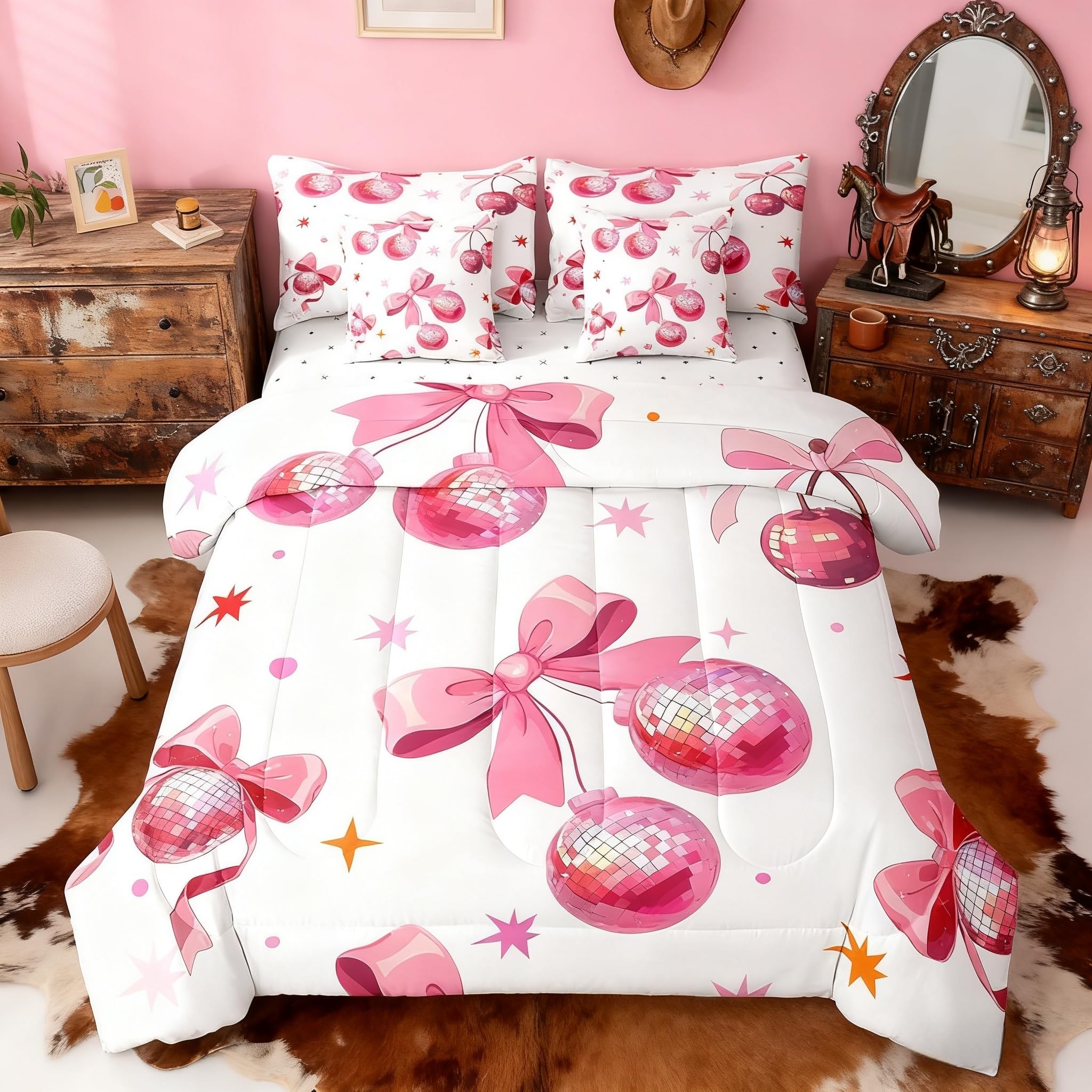 Juego de edredón de 7 piezas con música pop de los años 70 y 80, juego de cama rosa con bola de discoteca cereza, ropa de cama estilo princesa con lazo femenino en una bolsa, tamaño Queen (1 edredón,