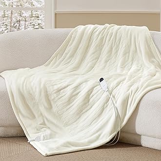 Bedsure Heated Blanket Throw Blanket - Fast Heating Electric Blanket, Soft Flannel Heated Throw with 4 Time Settings, 6 Heating Settings, Warm Gifts for Grandma (50x60 inches, Ivory)