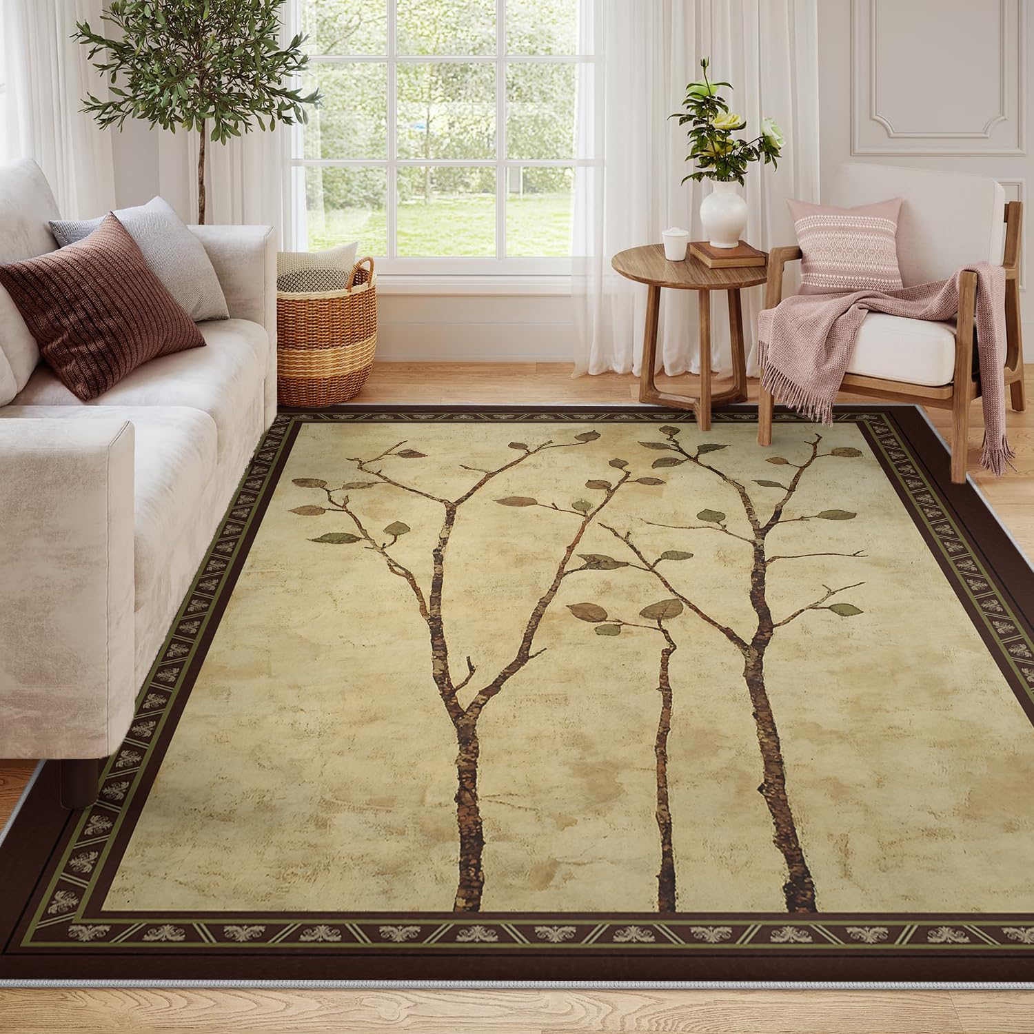 Tapis de salon vintage haut de gamme 90x180cm au fini vieilli et aux branches élégantes