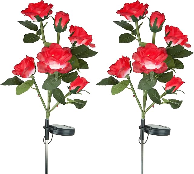 TERESA'S COLLECTIONS 28inch Solar Lights Outdoor Garden with 7 Red Roses, 2 Pack Decorative Garden Ornaments Solar Powered Waterproof, Solar Flower Lights Stake for Fence Yard Pathway