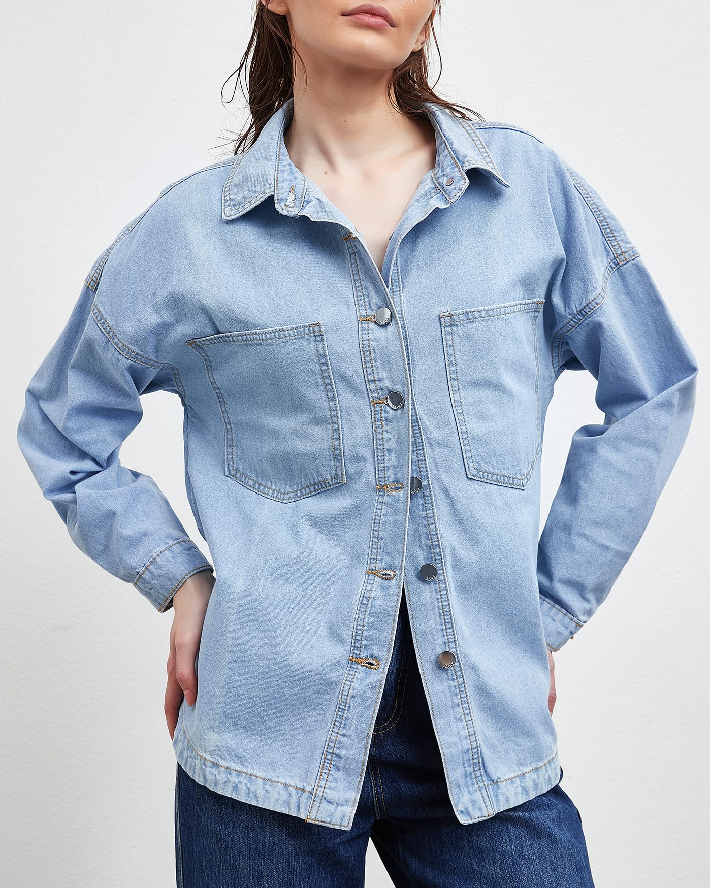 CYLADY Camicia da donna in denim a maniche lunghe oversize boyfriend jean giacca shacket trendy button down camicia