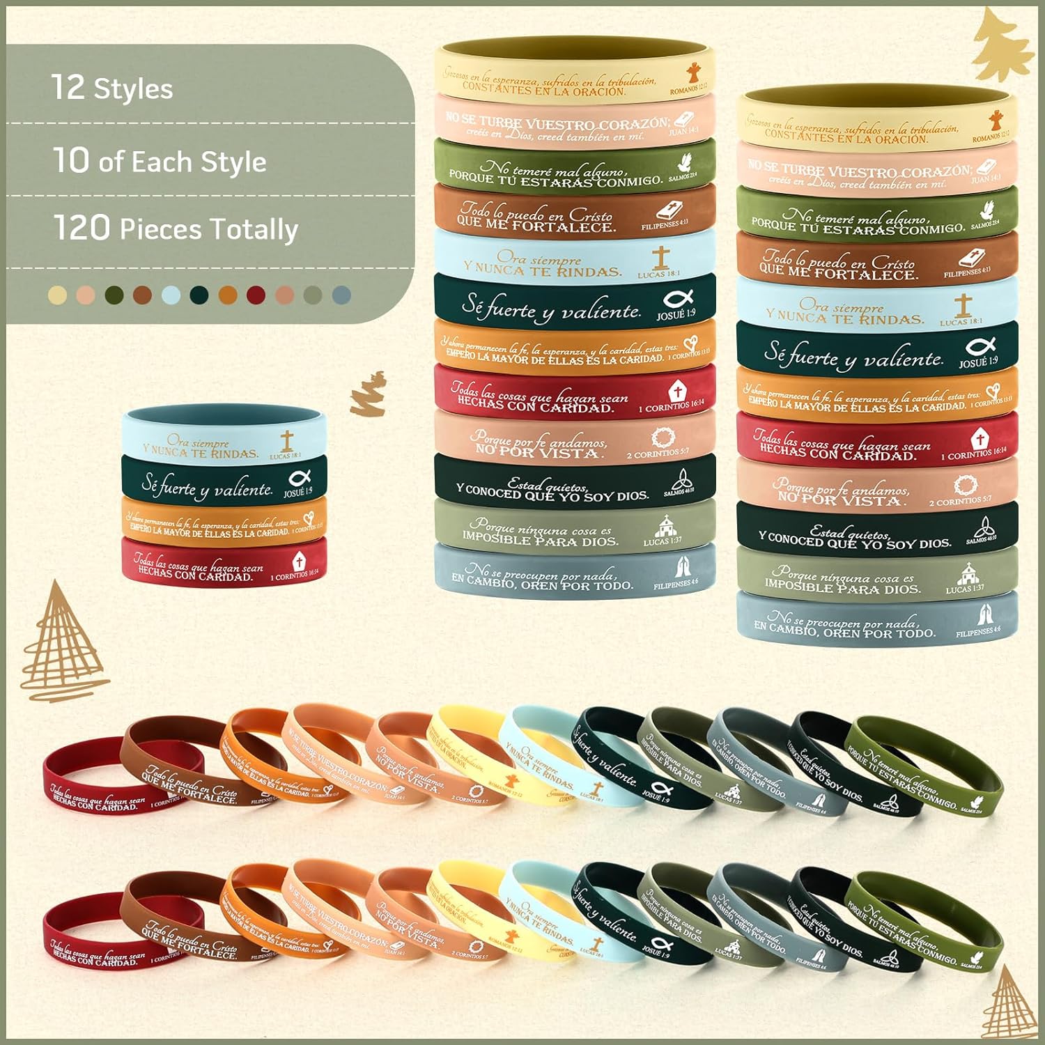 HyDren 120 Pcs Spanish Bible Verse Religious Silicone Wristbands Bulk Bible Rubber Bracelets Colorful Inspirational Christian Rubber Bracelets for Men Women Gifts (Christmas Color) - Image 2