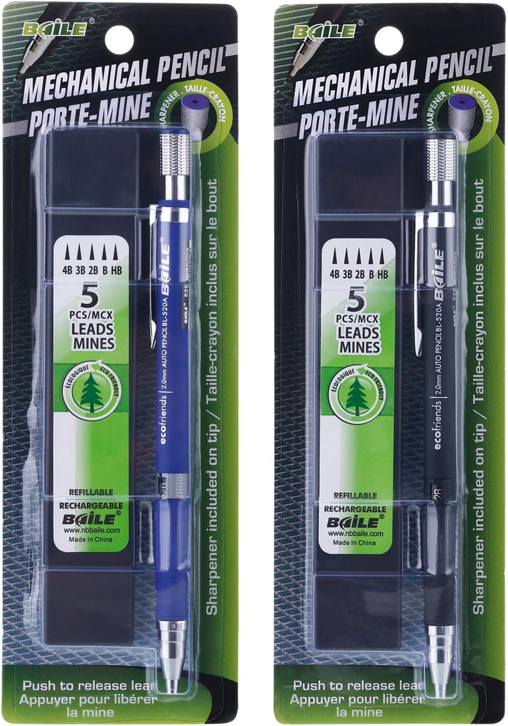 2 Pieces Mechanical Pencils 2.0 mm 2B with 2 Case Refills and 2 Pieces Erasers for Draft Drawing, Carpenter, Crafting, Art Sketching (Blue and Black)