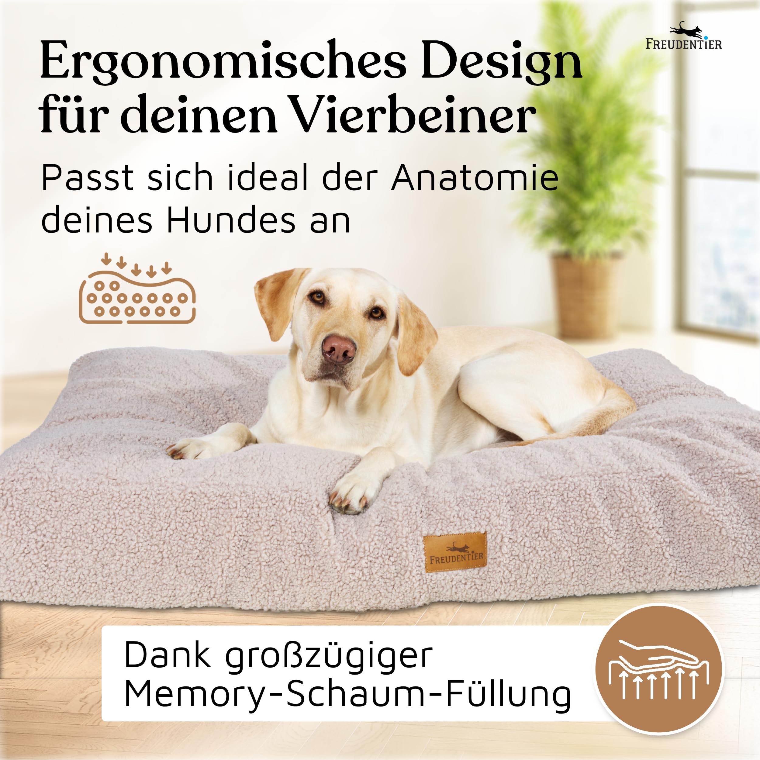 FREUDENTIER Orthopädisches Hundekissen aus Teddy - Waschbar - Hundebett/Hundekorb rutschfest - Für kleine, mittelgroße & große Hunde (Greige, 80x60cm)