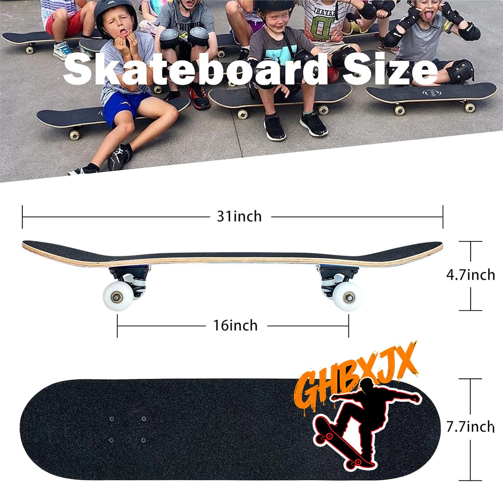 Skateboard 31x8 Zoll Komplette Cruiser Skateboard für Kinder Jugendliche Erwachsene, 7-Lagiger Kanadischer Ahorn Double Kick Deck Concave mit All-in-one Skate T-Tool für Anfänger