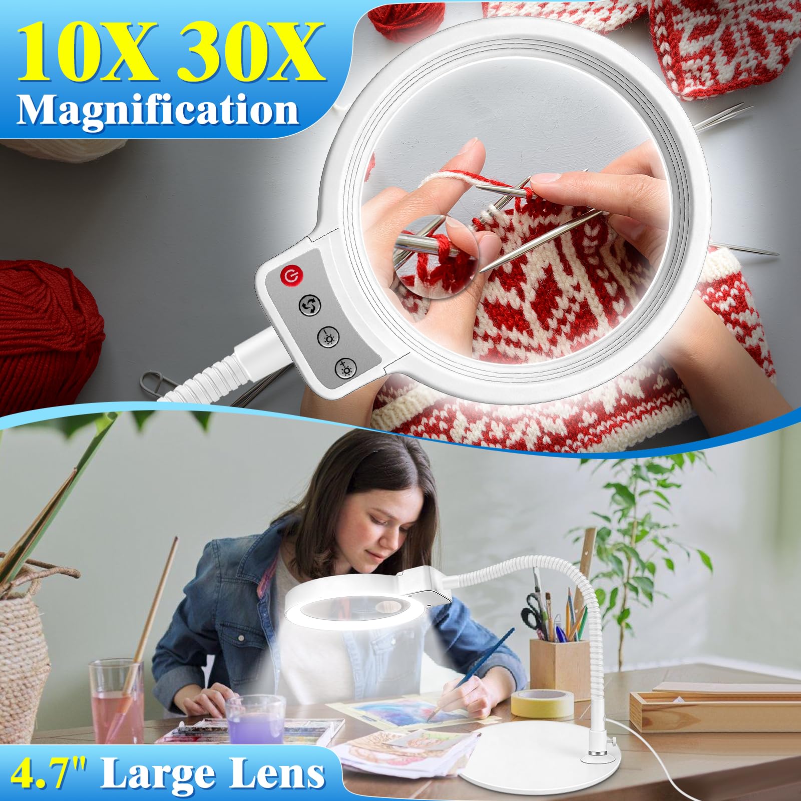 10-fache 30-fache Lupe mit Licht und Ständer, 72 LEDs, 3 Farbmodi, stufenlos, dimmbar, freihändig beleuchtete Lupe, Schreibtischlampe für Naharbeit, Handwerk, Hobby, Malen, Nähen, Schmuck, Lesen (weiß