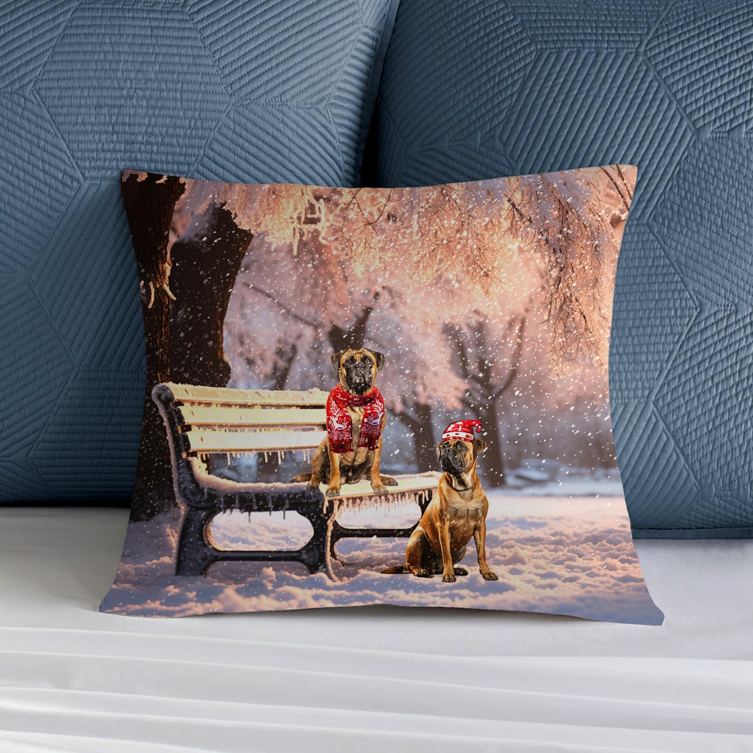 Merry Christmas Cardinal Bulldogs On A Date in Winter Indoor Pillow