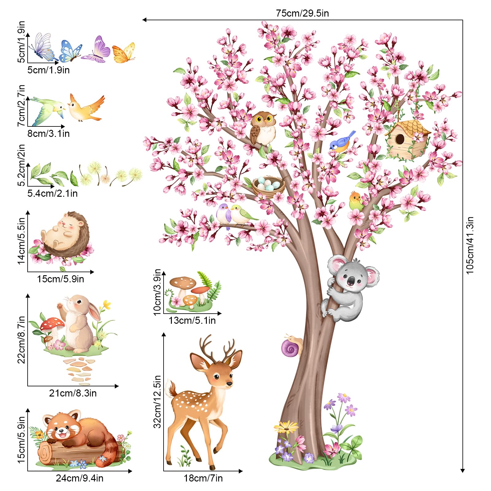 Supzone Animals Flower Tree Wall Stickers Large Pink Cherry Blossom Deer Wall Decals for Girls Nursery Kids Baby Living Room Bedroom Home Decor - Image 2
