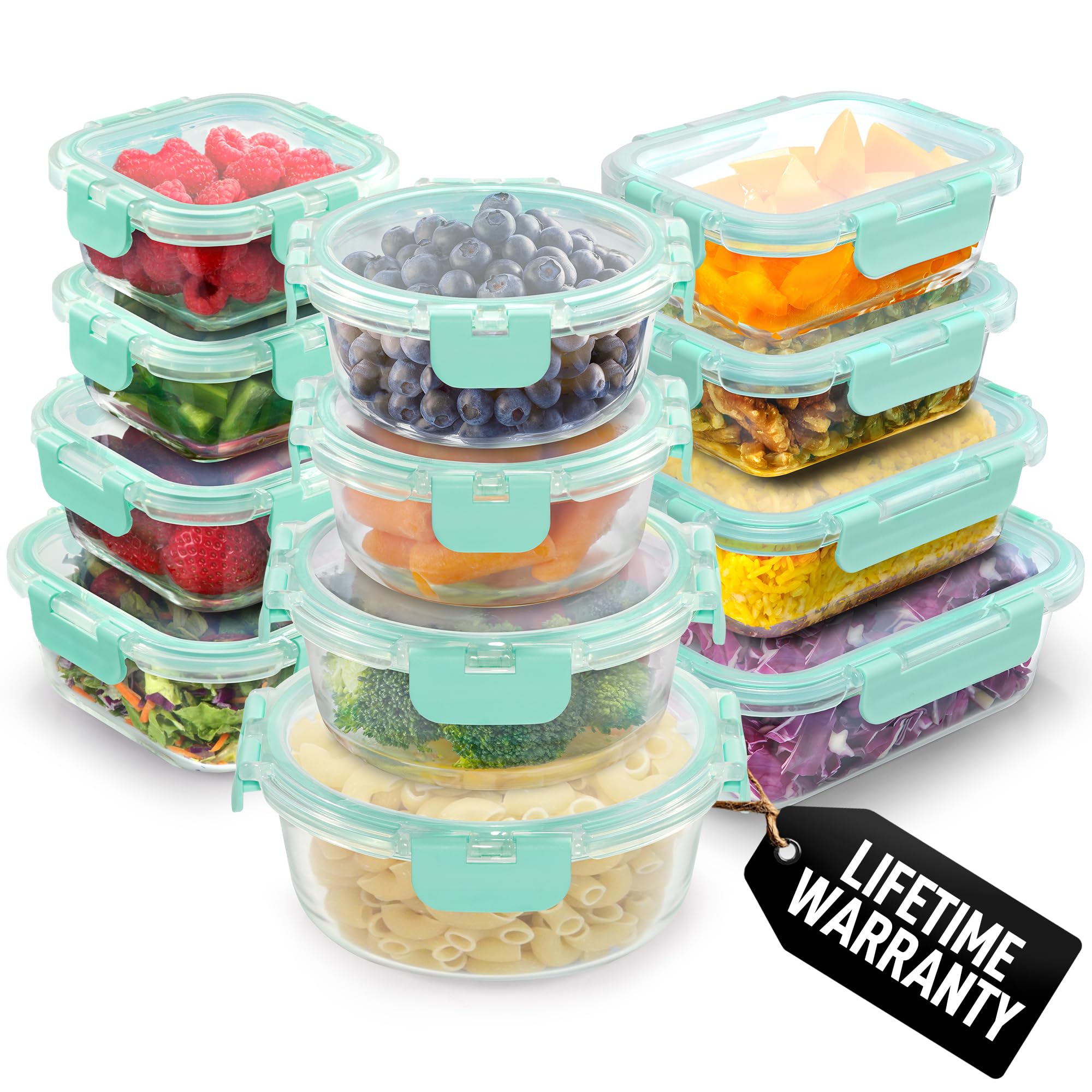 Zulay Kitchen Glass Containers With Lids 12-Pack, Freezer Safe Food Glass Tupperware Set - Meal Prep Containers Set with Lids - Borosilicate Lunch Containers, Microwave & Oven Safe - Teal