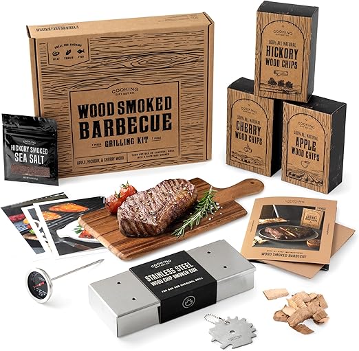 Deluxe BBQ Smoking Kit for Dad Who Love to BBQ - Stainless Steel Smoker with Hinged Lid, All Natural Wood Chips, Hickory Salt – Grilling Accessories