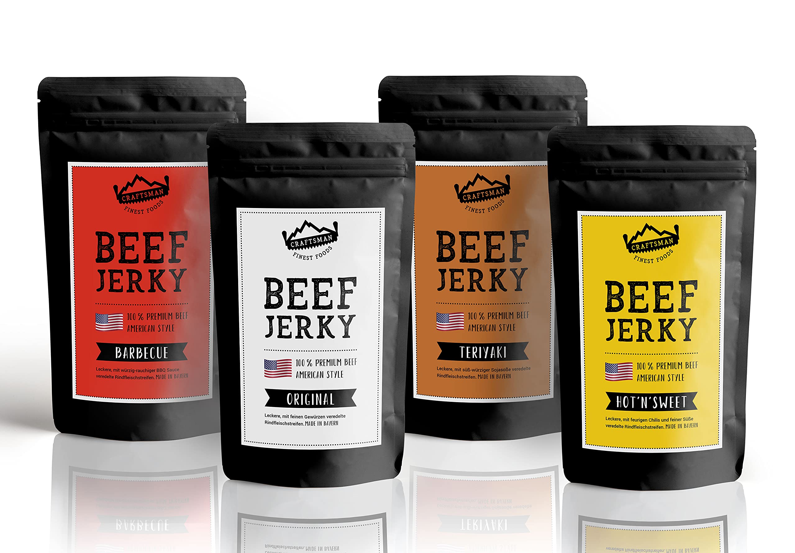 Craftsman Beef Jerky Probierpack Set 4 x 50g (200g) Trockenfleisch Mix Set | Weiderind, Rindfleisch aus Bayern, Handwerklich gefertigt, Super lecker