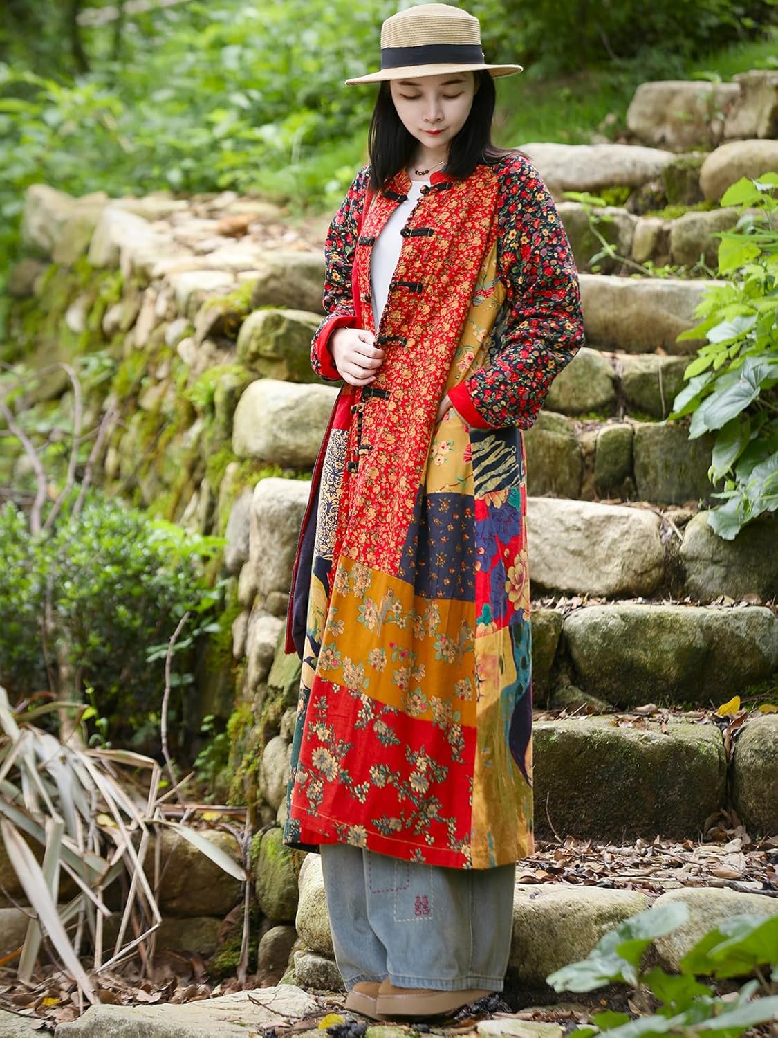 LZJN Women‘s Patchwork Trench Coat - Floral Cotton Linen Long Jacket, Cottagecore Bohemian Outerwear - Image 4