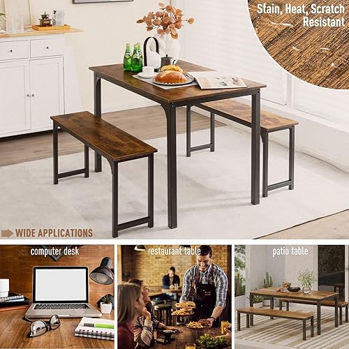 Miniatura 5 de NAFORT Juego de mesa de comedor para 4, mesa de cocina de 3 piezas con 2 bancos, mesa de comedor de 43.5 pulgadas que ahorra espacio con marco de