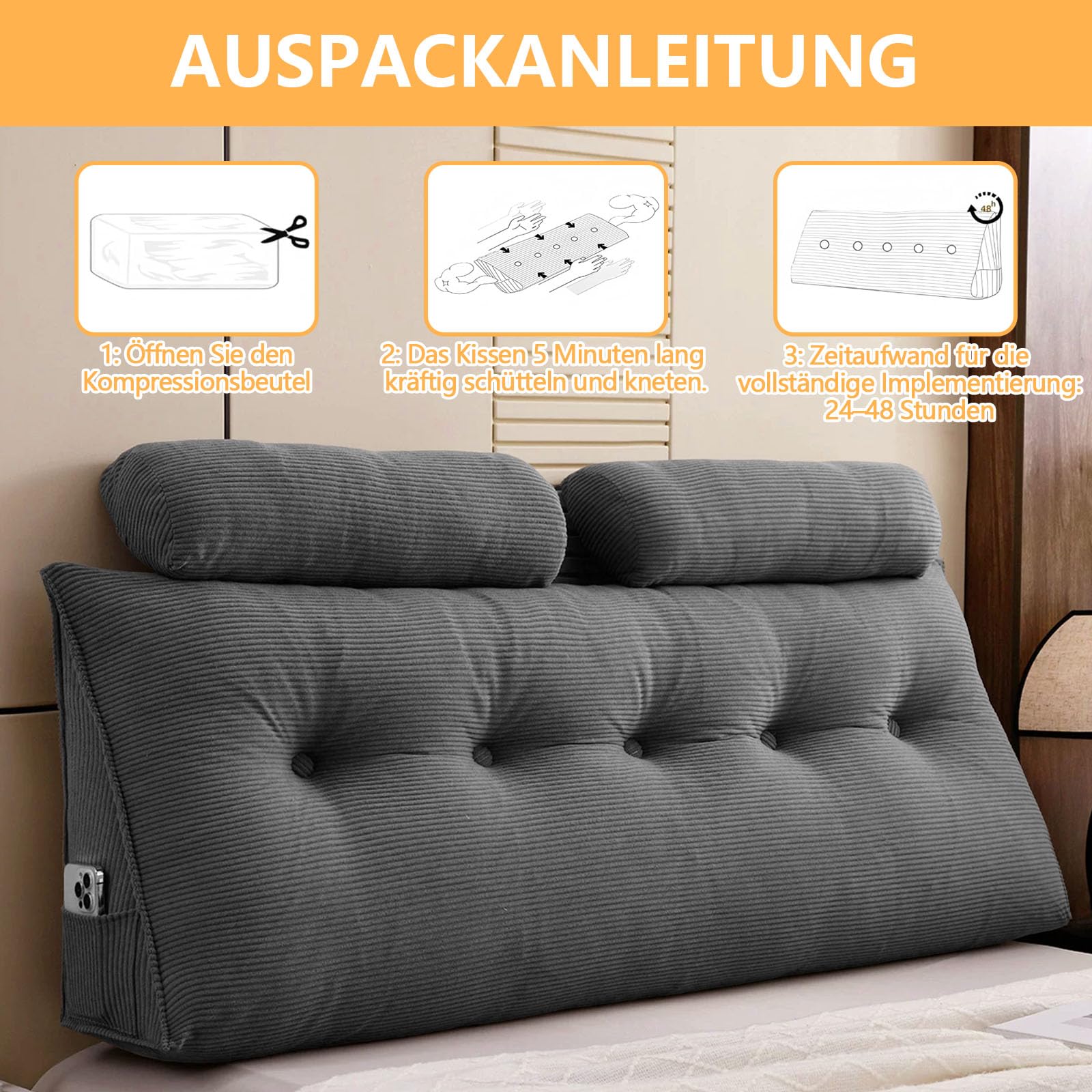 120 * 50 * 20cm Wandkissen, Groß Keilkissen mit 2 Rundes Kissen | Rückenkissen Für Bett Und Sofa mit Waschbarer Kissenbezug&praktischem Seitenfach, ErgonomischesSofa Kissen zum Lesen Arbeiten