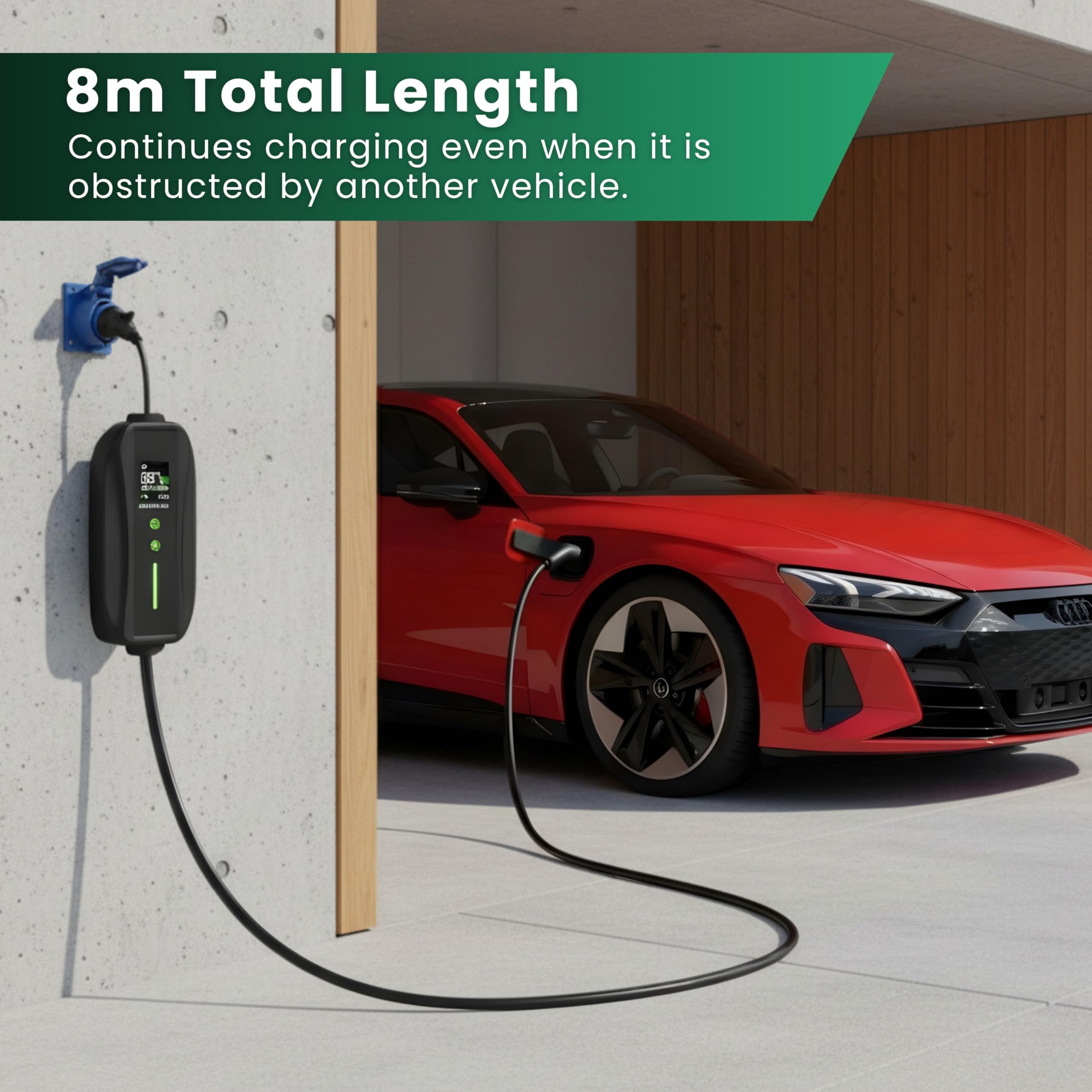 EV Charger CEE 32A Plug | Portable EV Charger Type 2, 3-7kW | Single Phase, Cabel, 6-32A | Electric Car Charger | Home Car Charger | Fast Charging, Compact, Travel-Friendly (7kW, 8 Meter) — view 5
