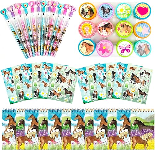 TINYMILLS Juego de recuerdos de fiesta de cumpleaños de caballo poni (12 lápices multipunto, 12 selladores, 12 hojas de calcomanías, 12 pequeños