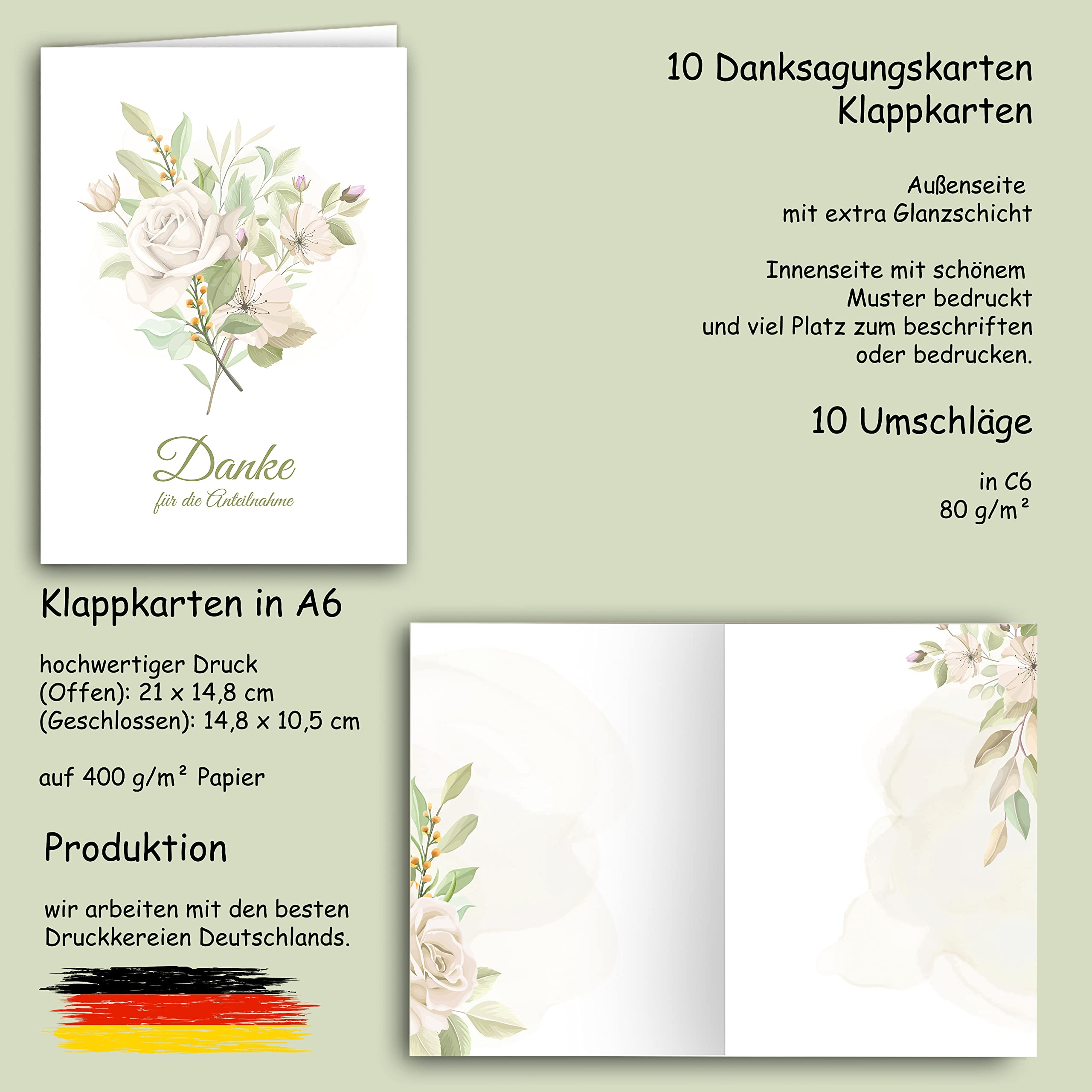 Klasse Greeting Card, 10 x Thank You/Sympathy Mourning Cards with Envelope, A6 Postcard Format, Light Green Rose Design - Image 2