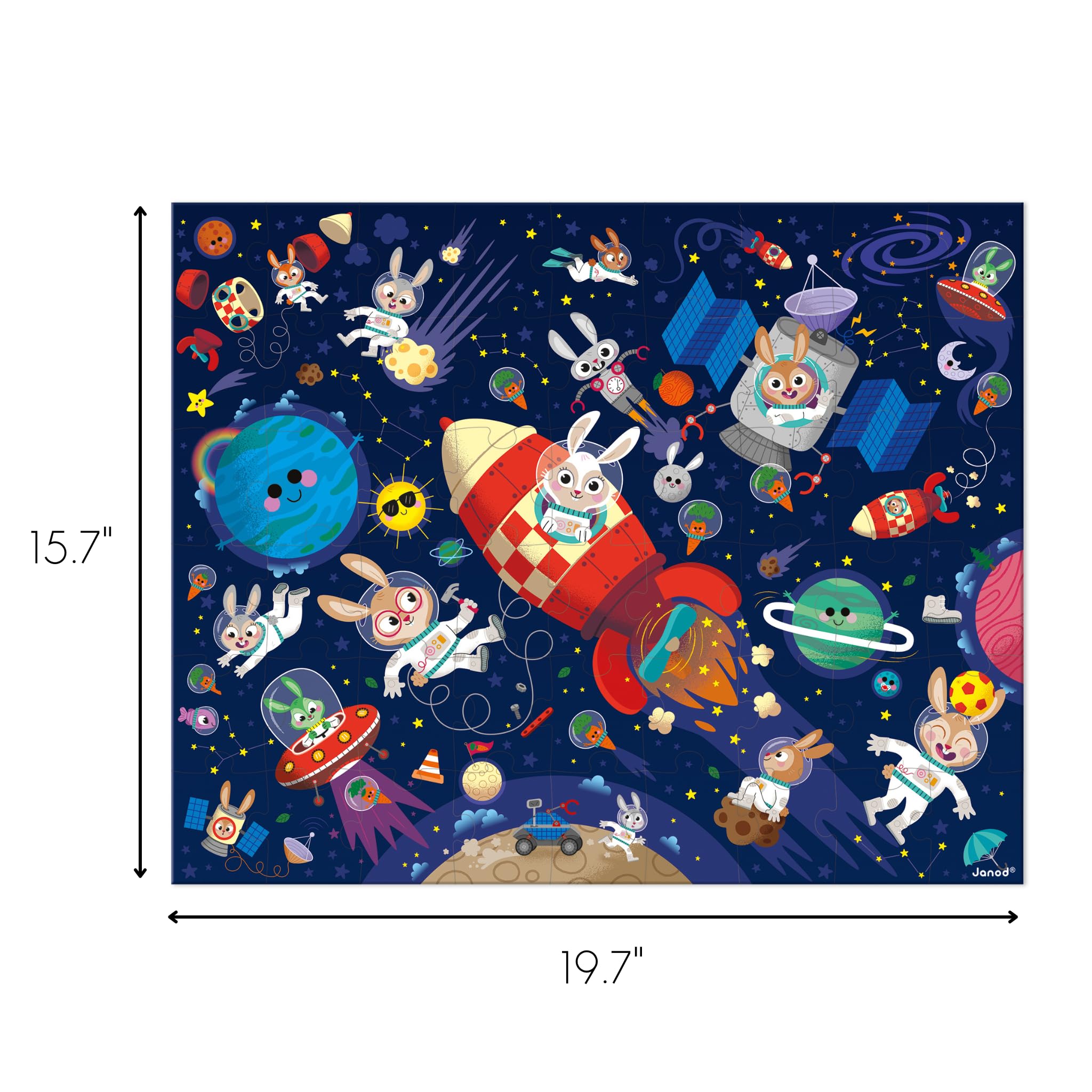 Janod 54 Pieces Children's Jigsaw Puzzle - Rocket Rabbits - Giftable Carrying Case with Fabric Handle - Ages 5-7 Years - J02557 - Image 4