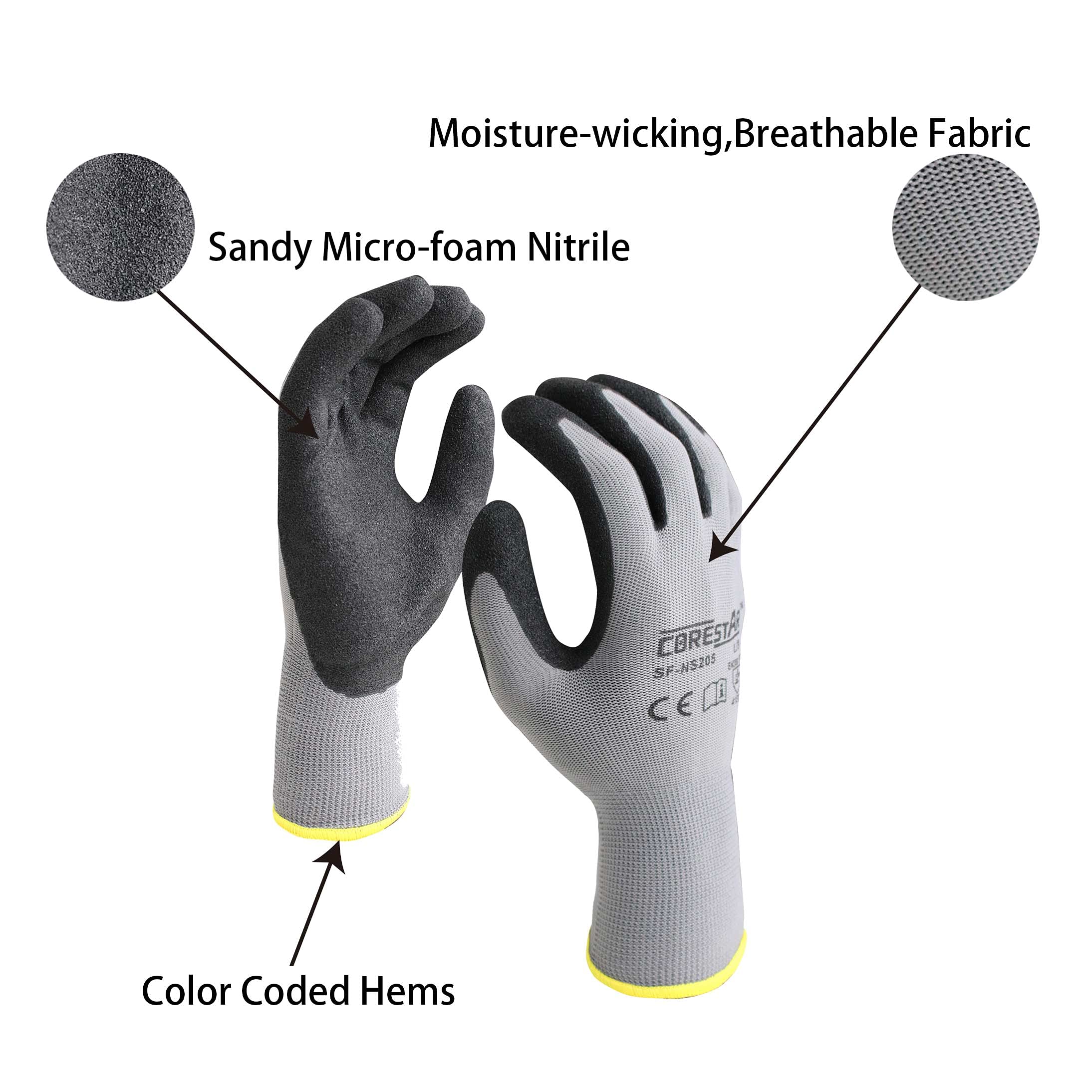Corestar - Guantes de trabajo de seguridad con revestimiento de nitrilo de microespuma, 10 pares, absorben la humedad, transpirables, guantes multiusos (grande)