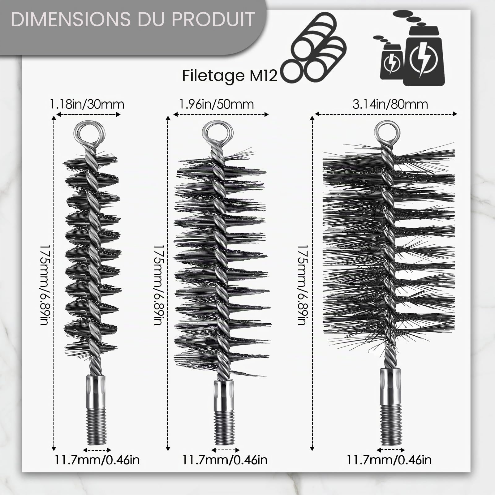 Brosses de Ramonage Cheminée Métallique en Fil d'acier Robuste 30 mm 50 mm 80 mm