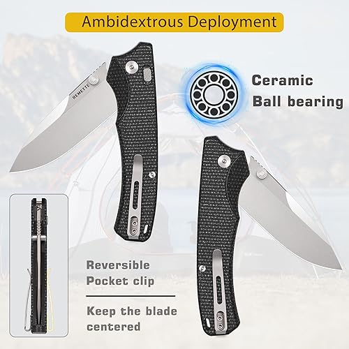 Miniatura 4 de Cuchillo de bolsillo serie WD107, cuchillo de bolsillo con bloqueo de botón, hoja afilada 14C28N, clip de bolsillo reversible, mango de micarta